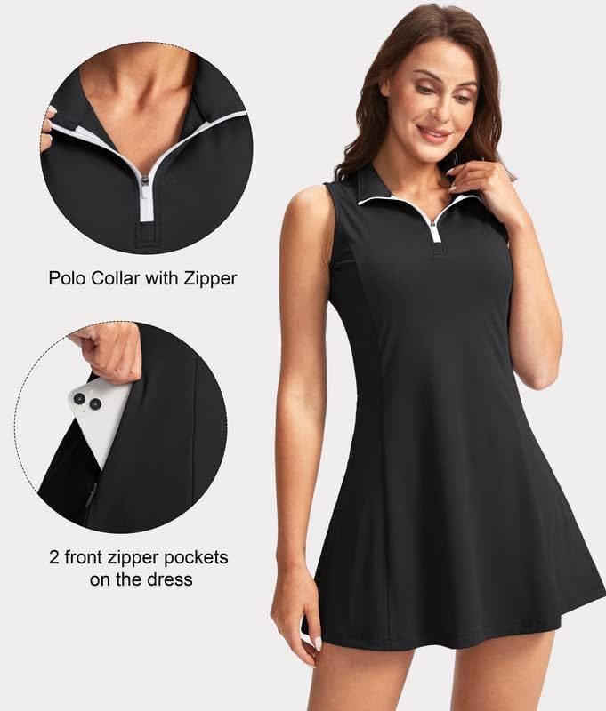 Women's Tennis Golf Dress with Shorts Active Exercise Workout Sports Athletic Dresses for Women with Zipper Pockets