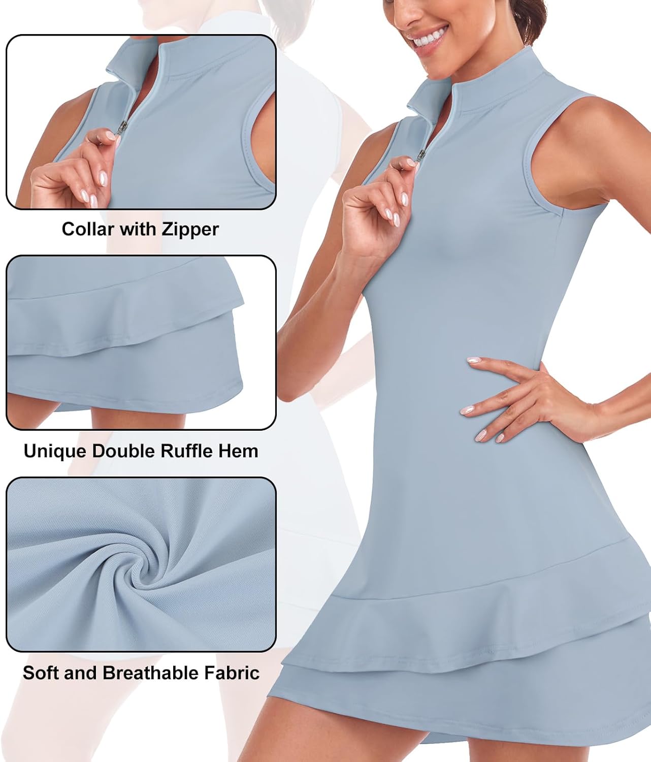 Tennis Dress for Women Sleeveless Golf Dresses with Shorts and Pockets Ruffle Zip Up Stand Collar Golf Outfits
