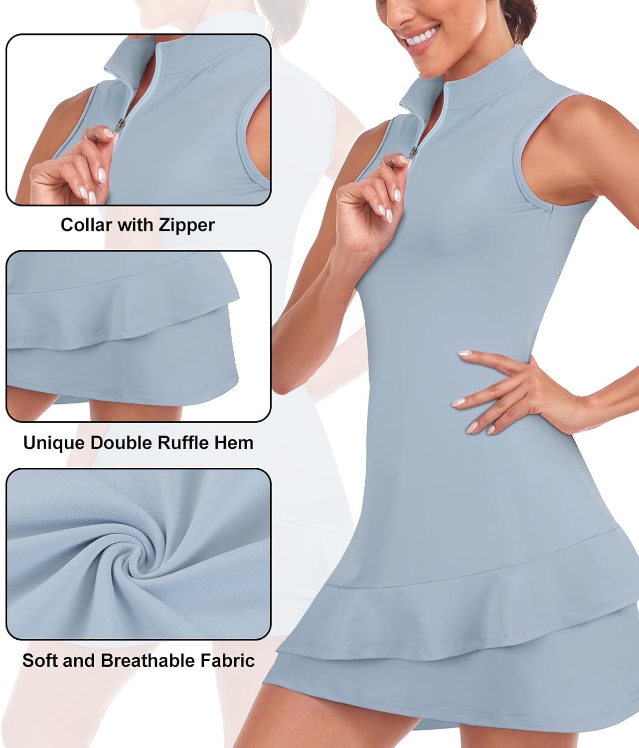 Tennis Dress for Women Sleeveless Golf Dresses with Shorts and Pockets Ruffle Zip Up Stand Collar Golf Outfits