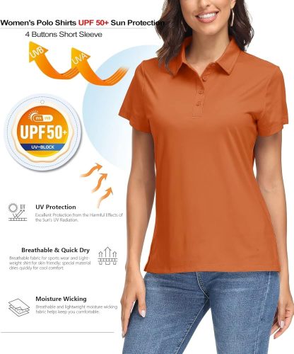 Women's Polo Shirts UPF 50+ Sun Protection 4 Buttons Casual Work Quick Dry Short Sleeve Collared Golf Shirt