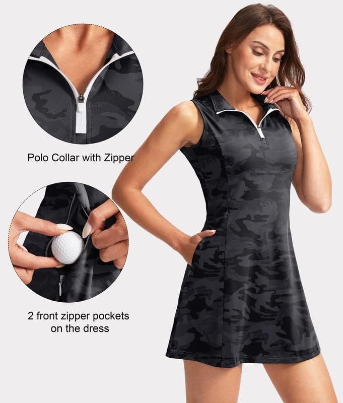 Women's Tennis Golf Dress with Shorts Active Exercise Workout Sports Athletic Dresses for Women with Zipper Pockets