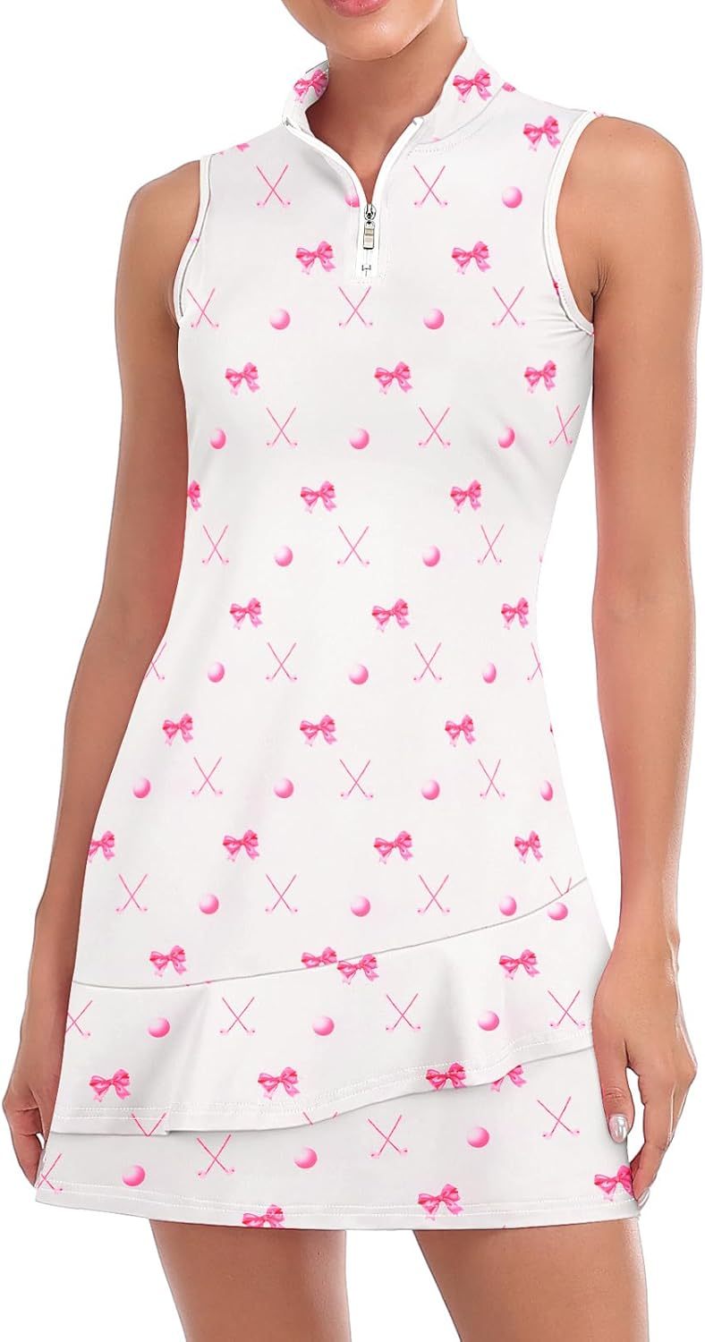 Tennis Dress for Women Sleeveless Golf Dresses with Shorts and Pockets Ruffle Zip Up Stand Collar Golf Outfits