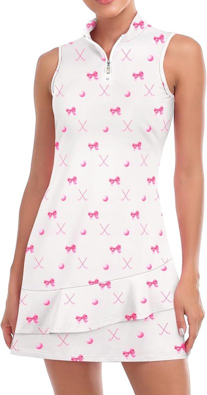 Tennis Dress for Women Sleeveless Golf Dresses with Shorts and Pockets Ruffle Zip Up Stand Collar Golf Outfits