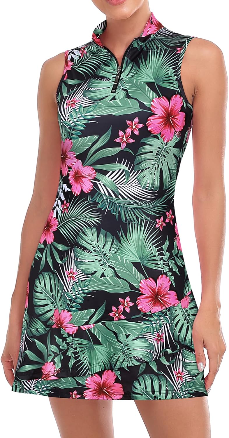 Tennis Dress for Women Sleeveless Golf Dresses with Shorts and Pockets Ruffle Zip Up Stand Collar Golf Outfits