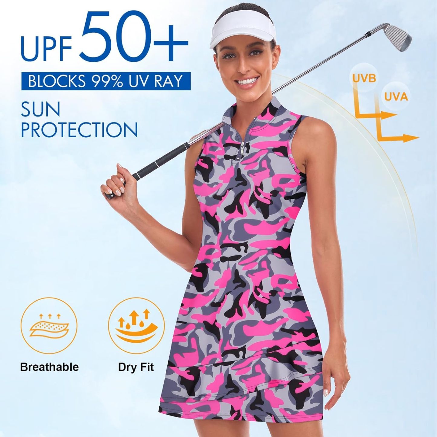 Tennis Dress for Women Sleeveless Golf Dresses with Shorts and Pockets Ruffle Zip Up Stand Collar Golf Outfits