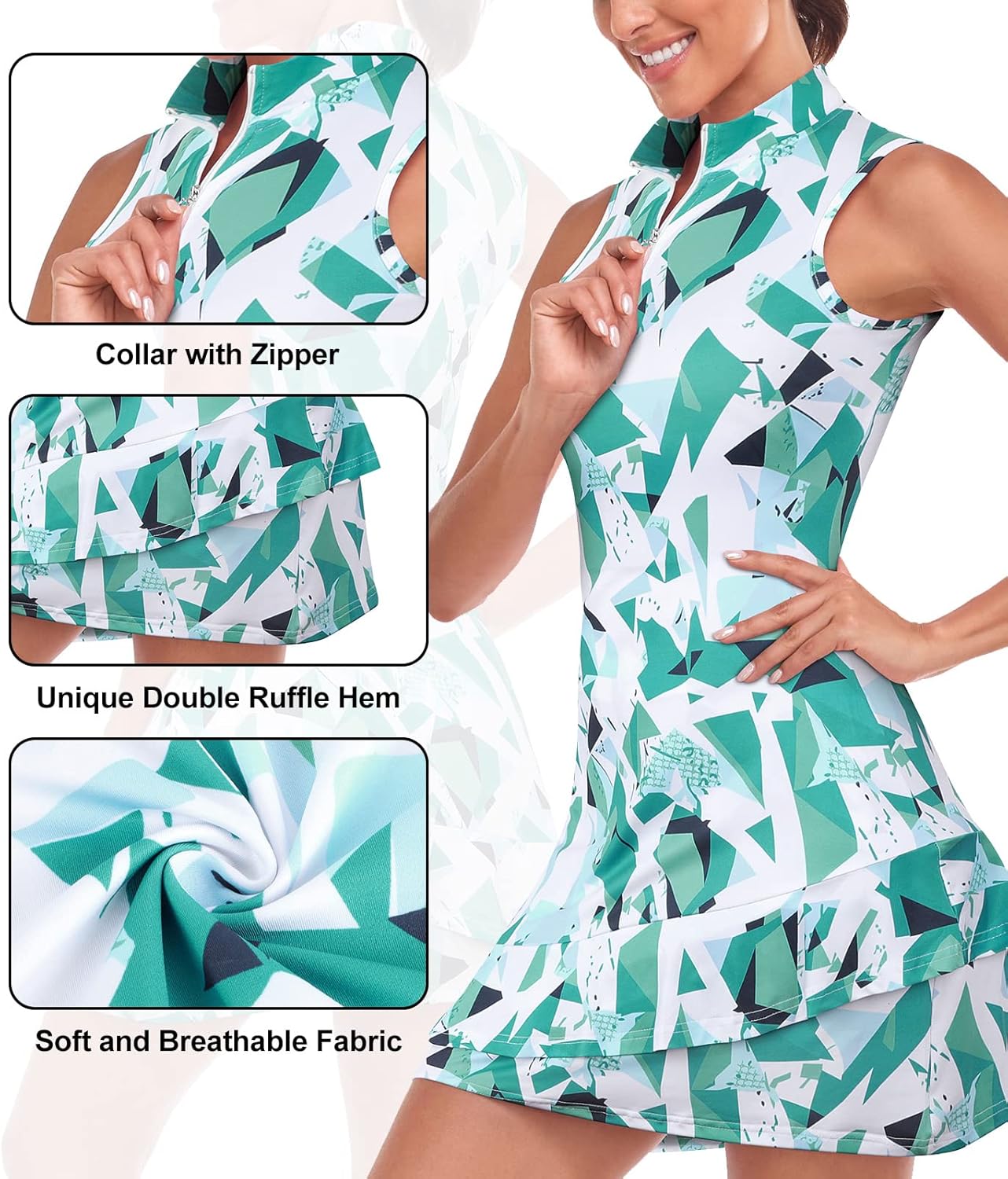 Tennis Dress for Women Sleeveless Golf Dresses with Shorts and Pockets Ruffle Zip Up Stand Collar Golf Outfits