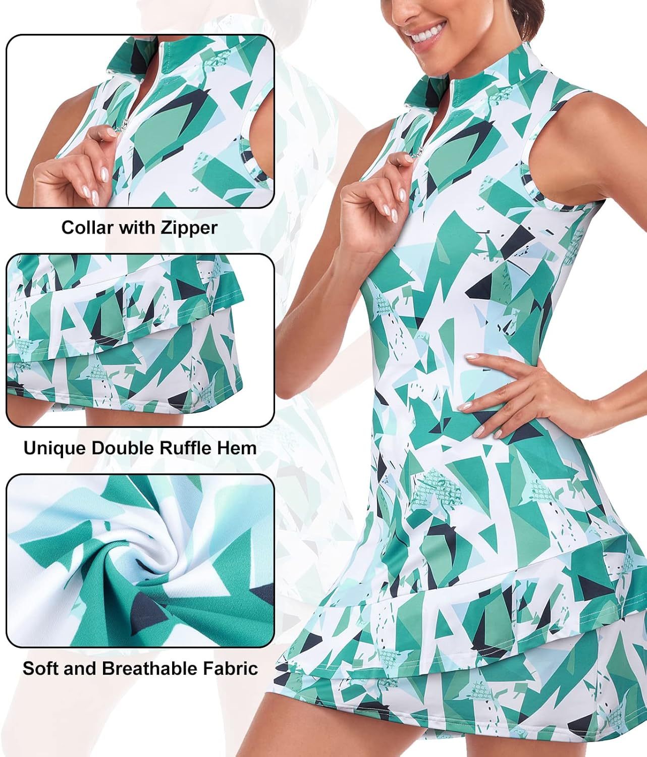 Tennis Dress for Women Sleeveless Golf Dresses with Shorts and Pockets Ruffle Zip Up Stand Collar Golf Outfits