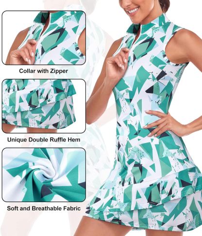 Tennis Dress for Women Sleeveless Golf Dresses with Shorts and Pockets Ruffle Zip Up Stand Collar Golf Outfits