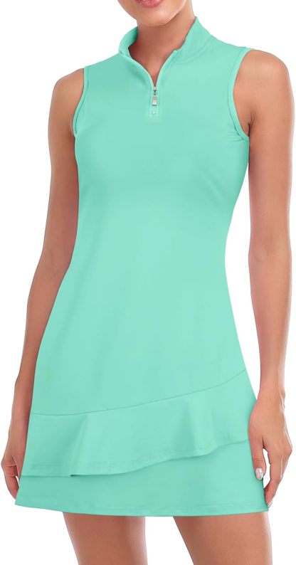 Tennis Dress for Women Sleeveless Golf Dresses with Shorts and Pockets Ruffle Zip Up Stand Collar Golf Outfits