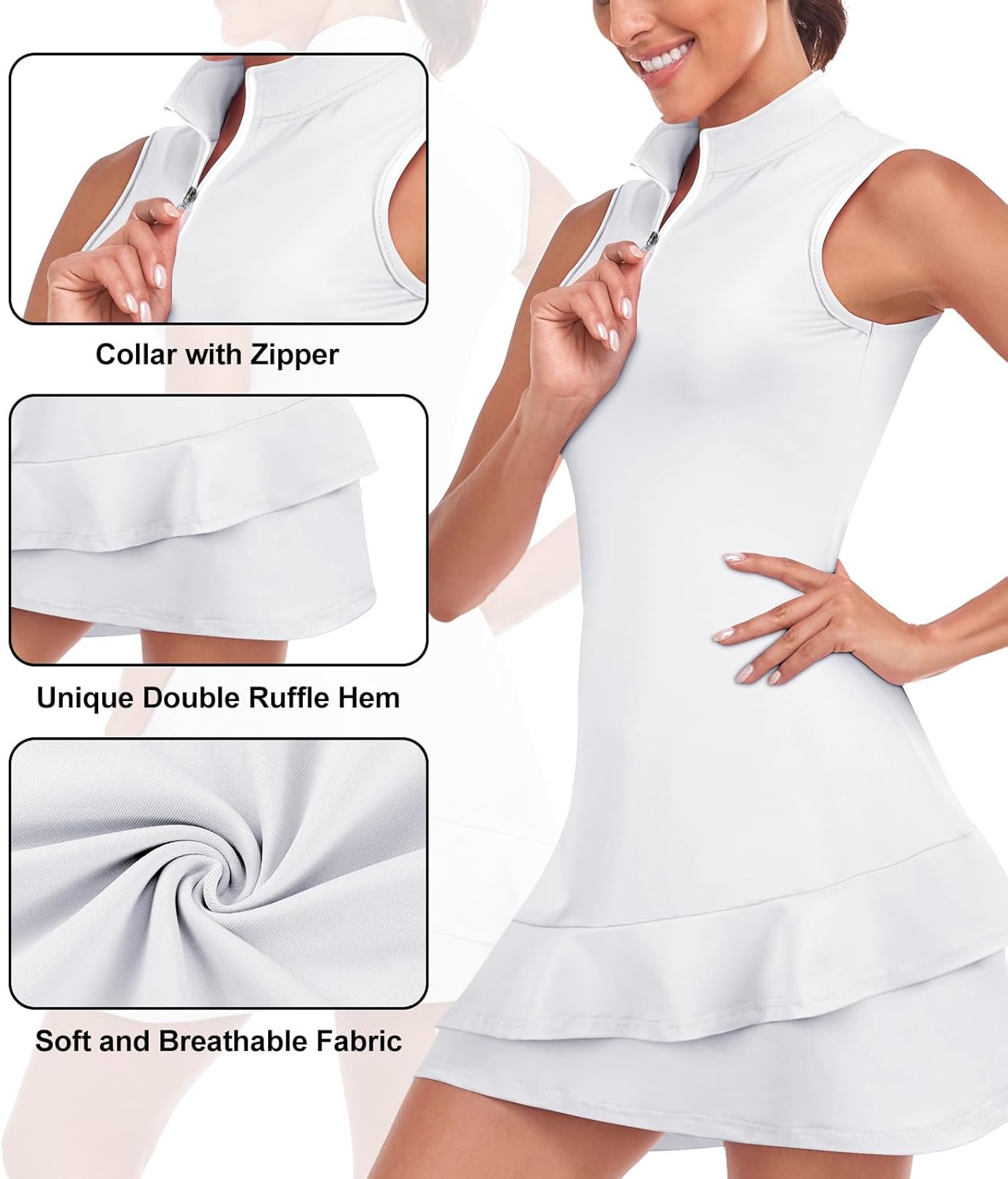 Tennis Dress for Women Sleeveless Golf Dresses with Shorts and Pockets Ruffle Zip Up Stand Collar Golf Outfits