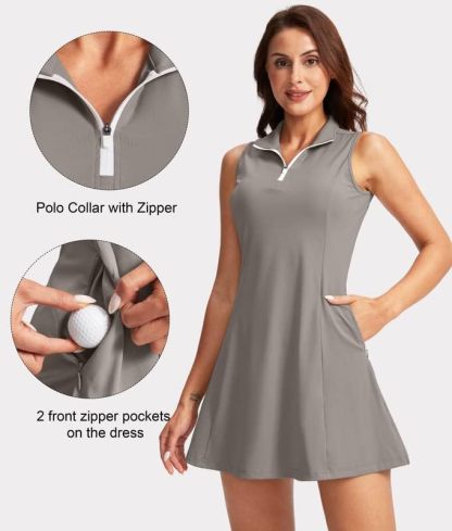 Women's Tennis Golf Dress with Shorts Active Exercise Workout Sports Athletic Dresses for Women with Zipper Pockets
