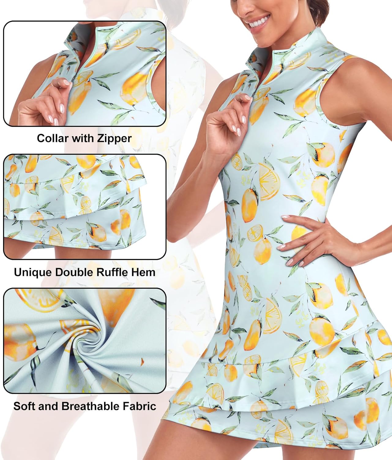 Tennis Dress for Women Sleeveless Golf Dresses with Shorts and Pockets Ruffle Zip Up Stand Collar Golf Outfits