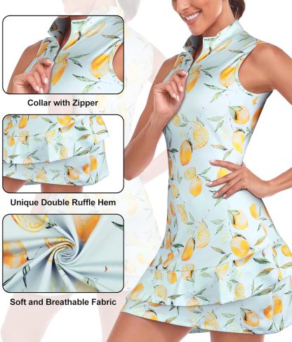 Tennis Dress for Women Sleeveless Golf Dresses with Shorts and Pockets Ruffle Zip Up Stand Collar Golf Outfits