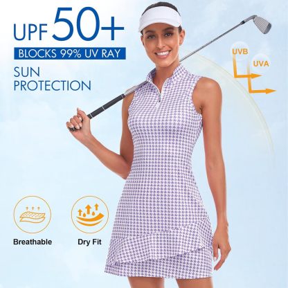 Tennis Dress for Women Sleeveless Golf Dresses with Shorts and Pockets Ruffle Zip Up Stand Collar Golf Outfits