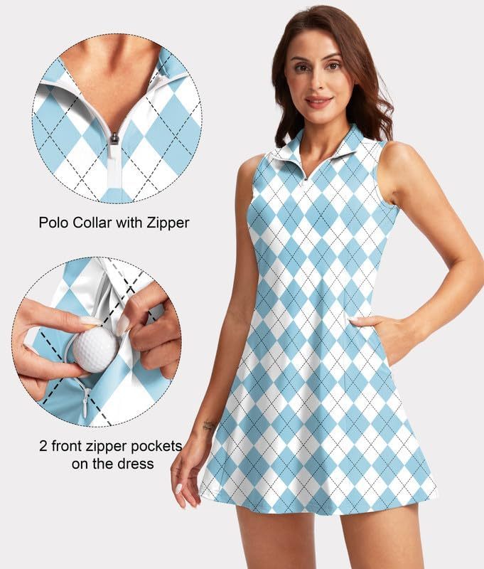 Women's Tennis Golf Dress with Shorts Active Exercise Workout Sports Athletic Dresses for Women with Zipper Pockets