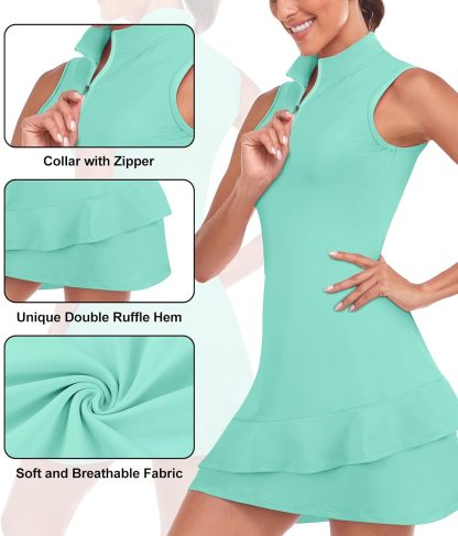 Tennis Dress for Women Sleeveless Golf Dresses with Shorts and Pockets Ruffle Zip Up Stand Collar Golf Outfits