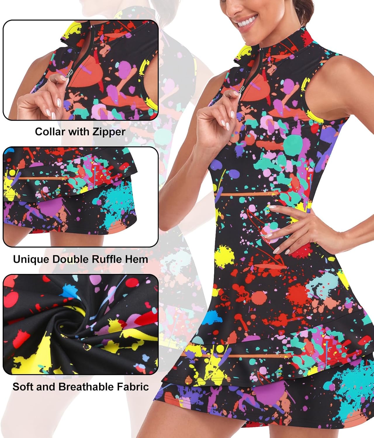 Tennis Dress for Women Sleeveless Golf Dresses with Shorts and Pockets Ruffle Zip Up Stand Collar Golf Outfits