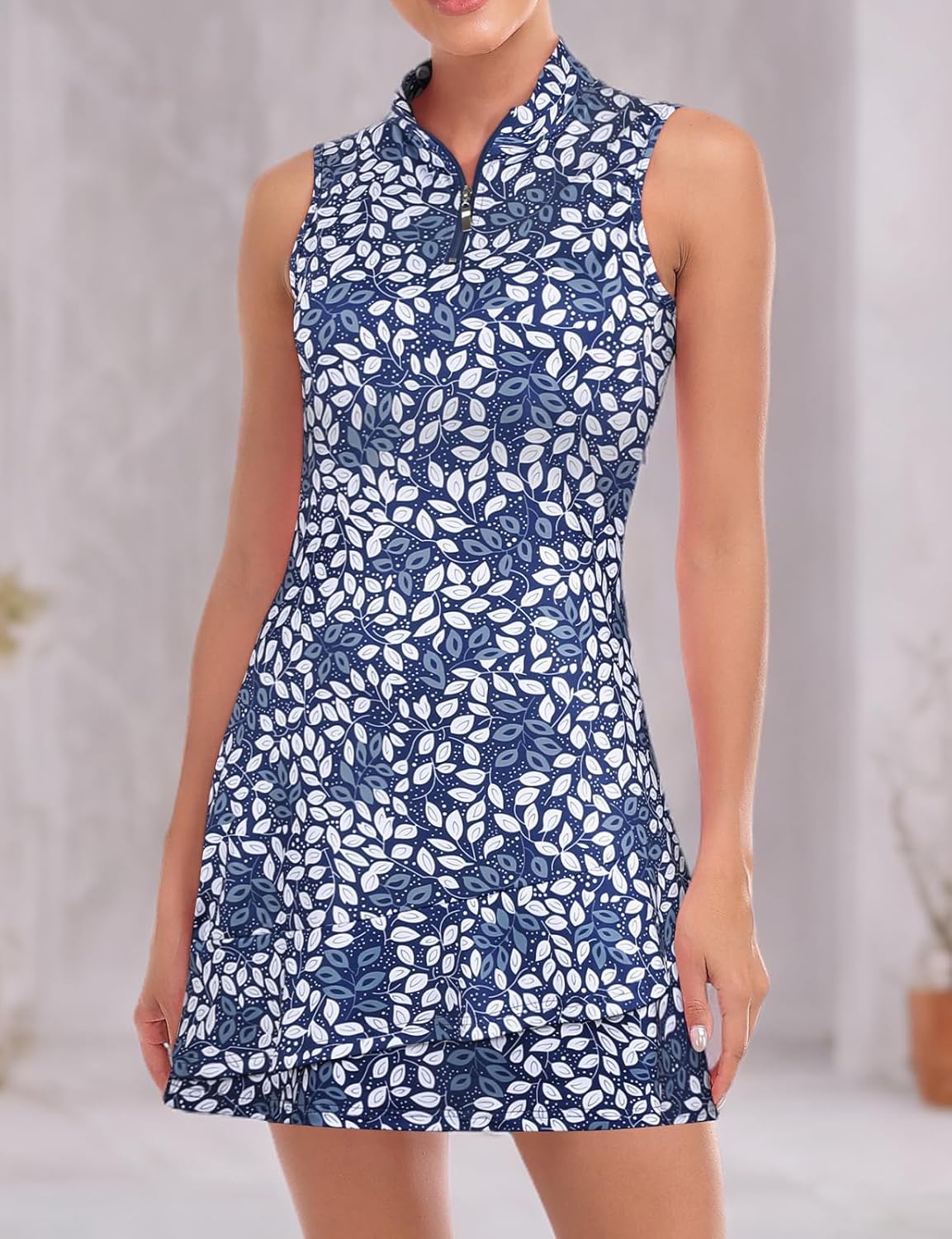 Tennis Dress for Women Sleeveless Golf Dresses with Shorts and Pockets Ruffle Zip Up Stand Collar Golf Outfits