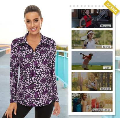 Women's Long Sleeve Golf Tennis Polo Shirts UPF50+ Half Zip Dry Fit Workout Tops Athletic Shirt