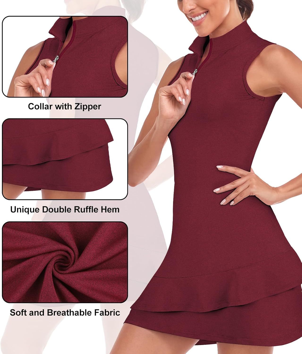Tennis Dress for Women Sleeveless Golf Dresses with Shorts and Pockets Ruffle Zip Up Stand Collar Golf Outfits