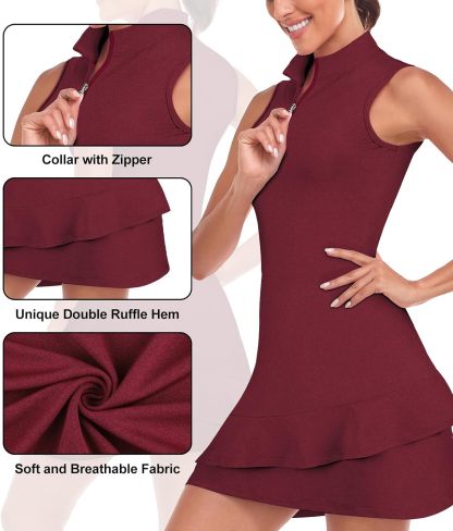 Tennis Dress for Women Sleeveless Golf Dresses with Shorts and Pockets Ruffle Zip Up Stand Collar Golf Outfits