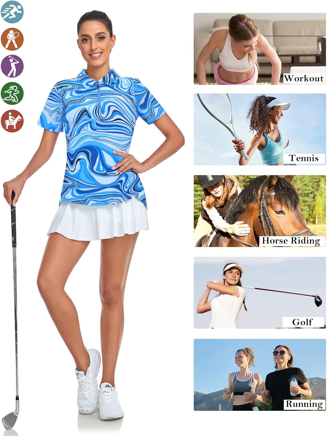 Women's Golf Polo Shirts Short Sleeve Quarter Zip Pullover Moisture Wicking Workout Tops
