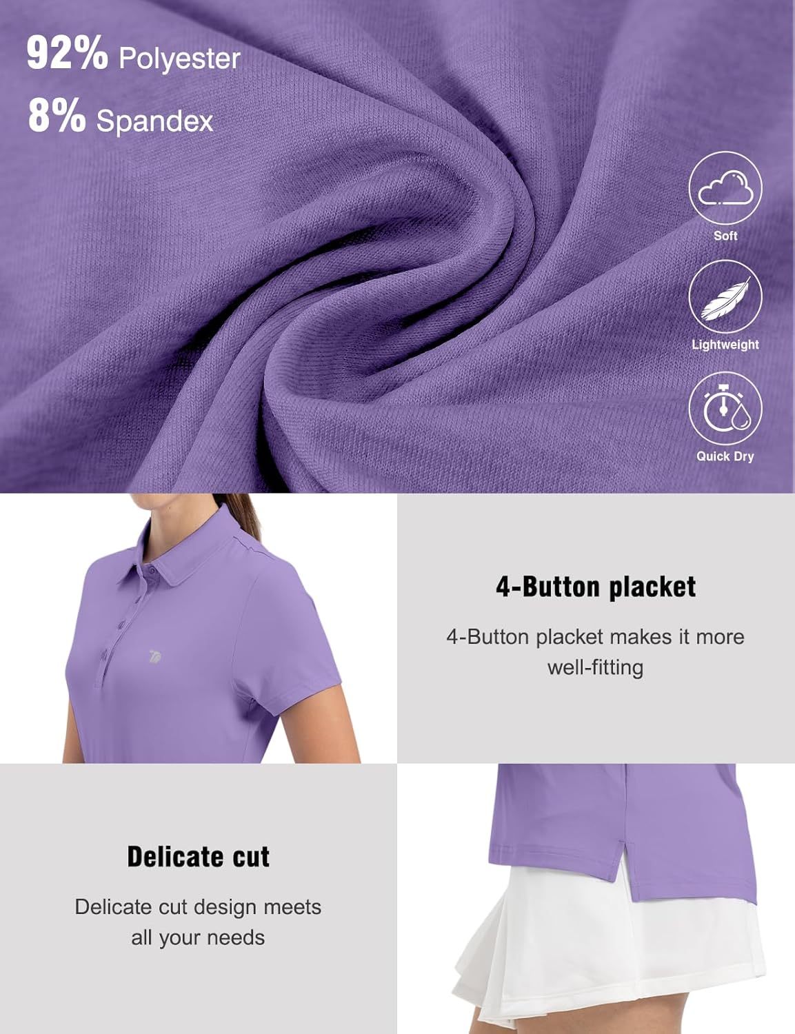Women's Golf Polo Short Sleeve Shirts Lightweight Moisture Wicking Collared T Shirt Quick Dry 4-Button