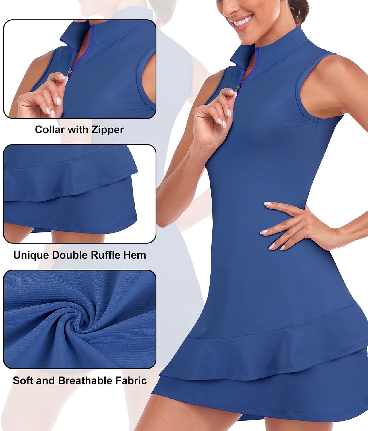 Tennis Dress for Women Sleeveless Golf Dresses with Shorts and Pockets Ruffle Zip Up Stand Collar Golf Outfits