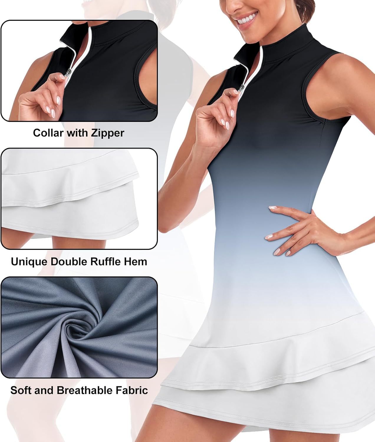 Tennis Dress for Women Sleeveless Golf Dresses with Shorts and Pockets Ruffle Zip Up Stand Collar Golf Outfits