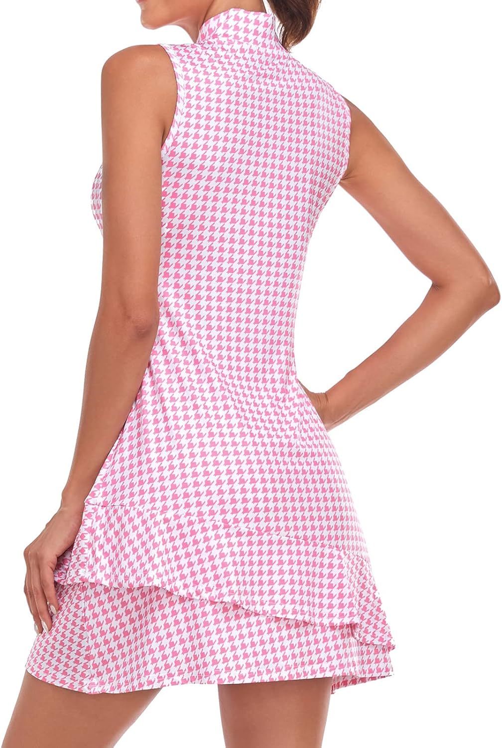 Tennis Dress for Women Sleeveless Golf Dresses with Shorts and Pockets Ruffle Zip Up Stand Collar Golf Outfits