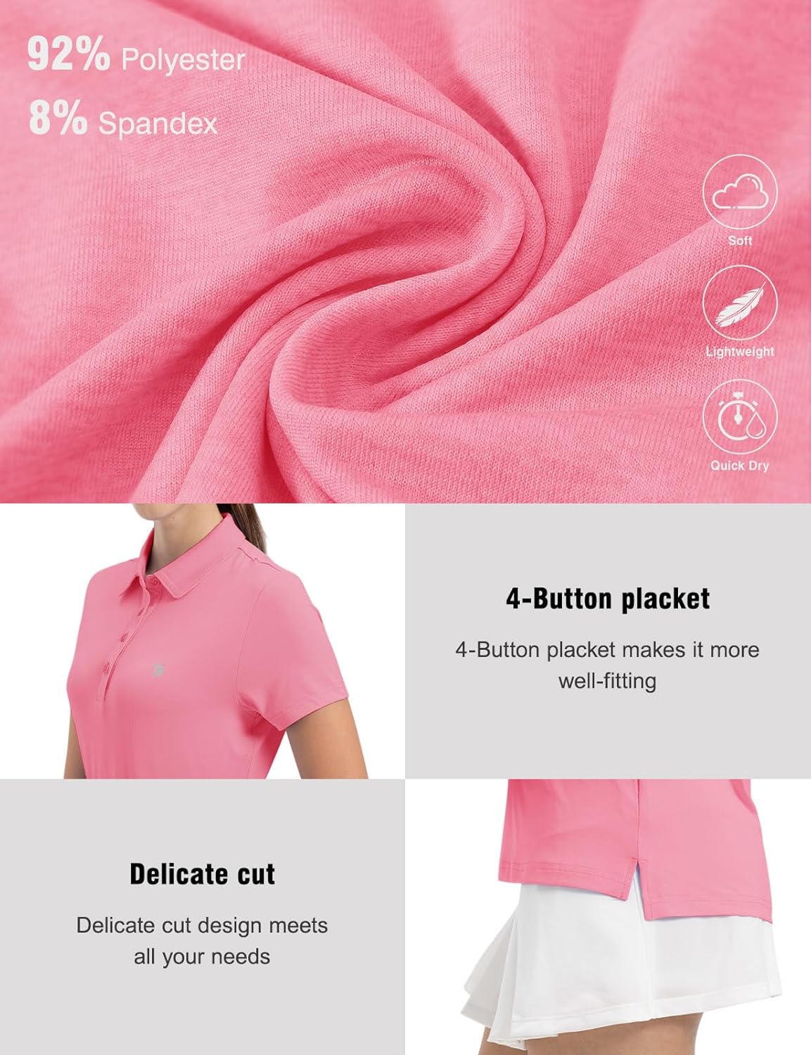 Women's Golf Polo Short Sleeve Shirts Lightweight Moisture Wicking Collared T Shirt Quick Dry 4-Button