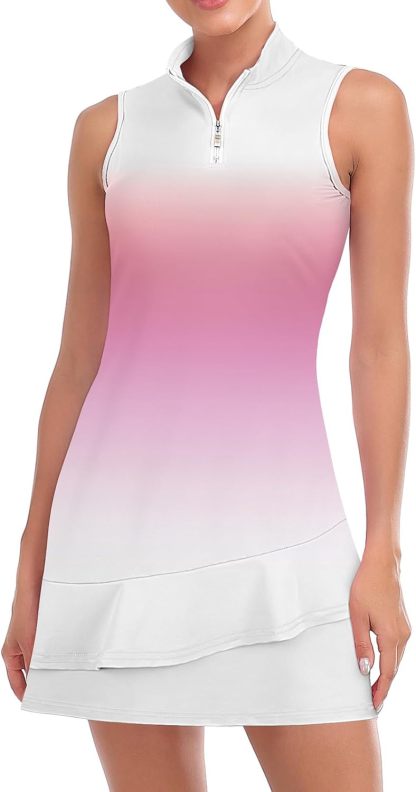 Tennis Dress for Women Sleeveless Golf Dresses with Shorts and Pockets Ruffle Zip Up Stand Collar Golf Outfits