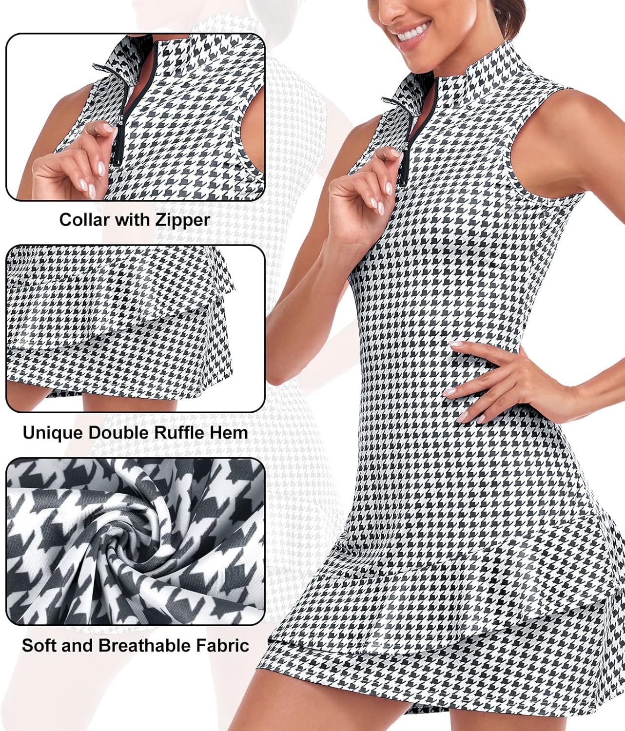 Tennis Dress for Women Sleeveless Golf Dresses with Shorts and Pockets Ruffle Zip Up Stand Collar Golf Outfits