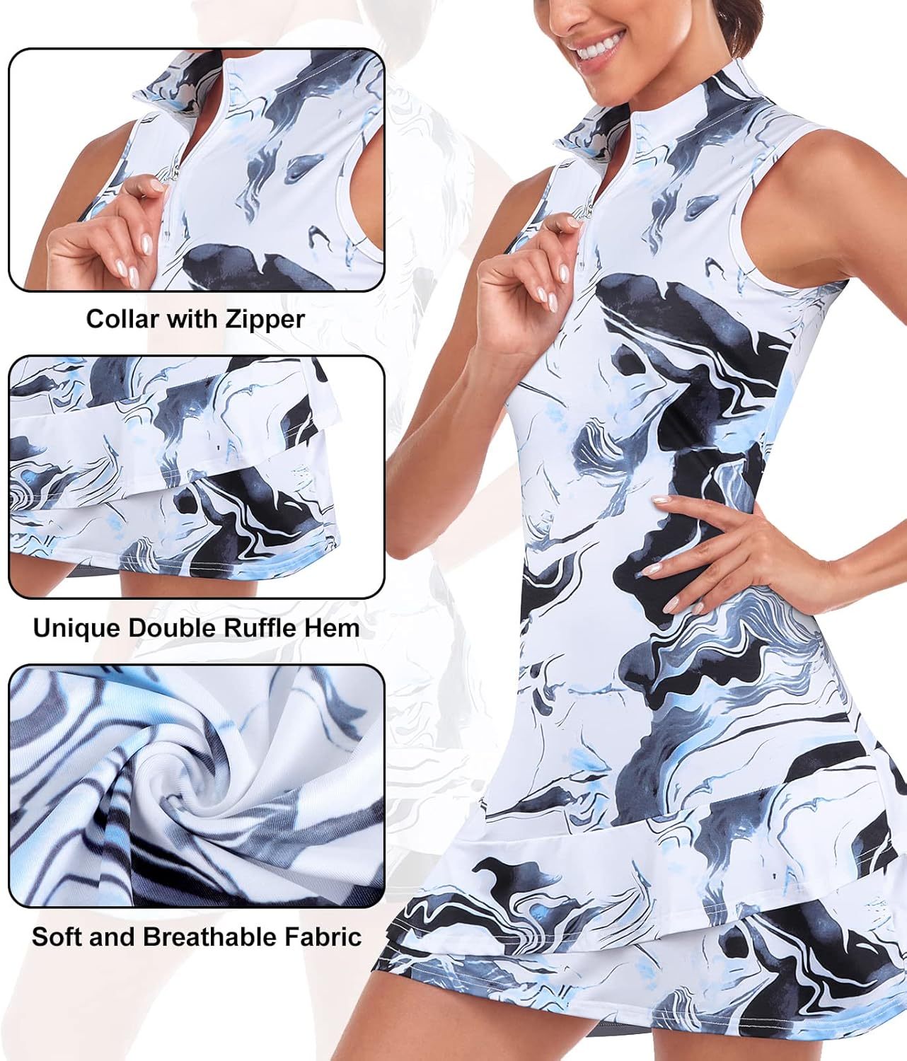 Tennis Dress for Women Sleeveless Golf Dresses with Shorts and Pockets Ruffle Zip Up Stand Collar Golf Outfits