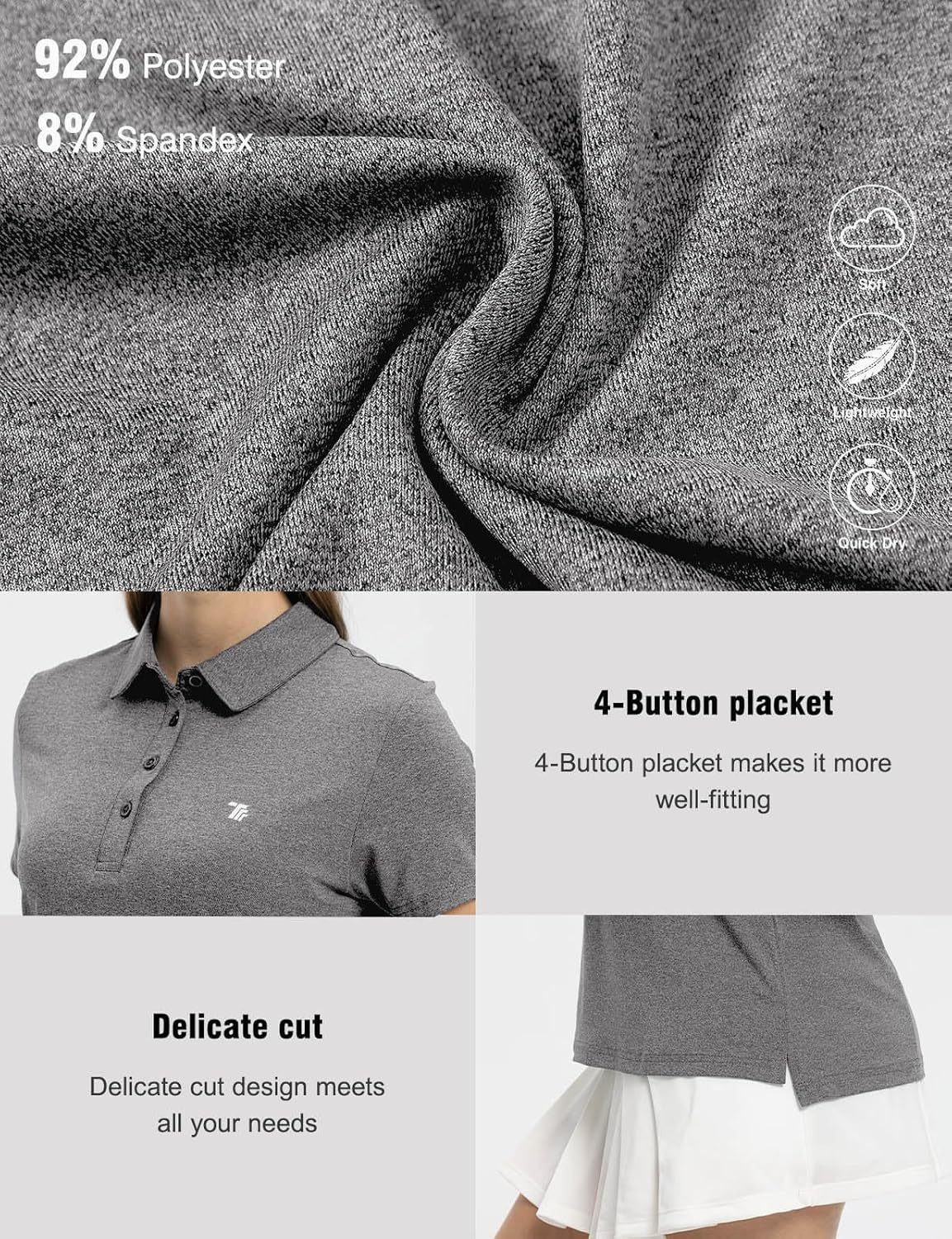 Women's Golf Polo Short Sleeve Shirts Lightweight Moisture Wicking Collared T Shirt Quick Dry 4-Button