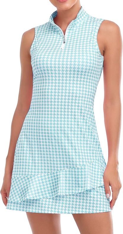 Tennis Dress for Women Sleeveless Golf Dresses with Shorts and Pockets Ruffle Zip Up Stand Collar Golf Outfits