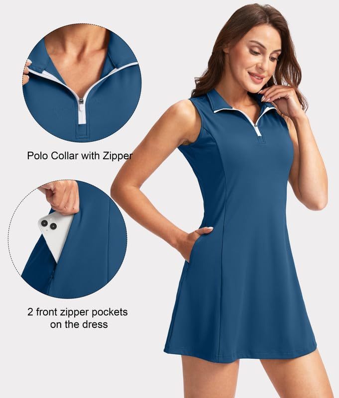 Women's Tennis Golf Dress with Shorts Active Exercise Workout Sports Athletic Dresses for Women with Zipper Pockets