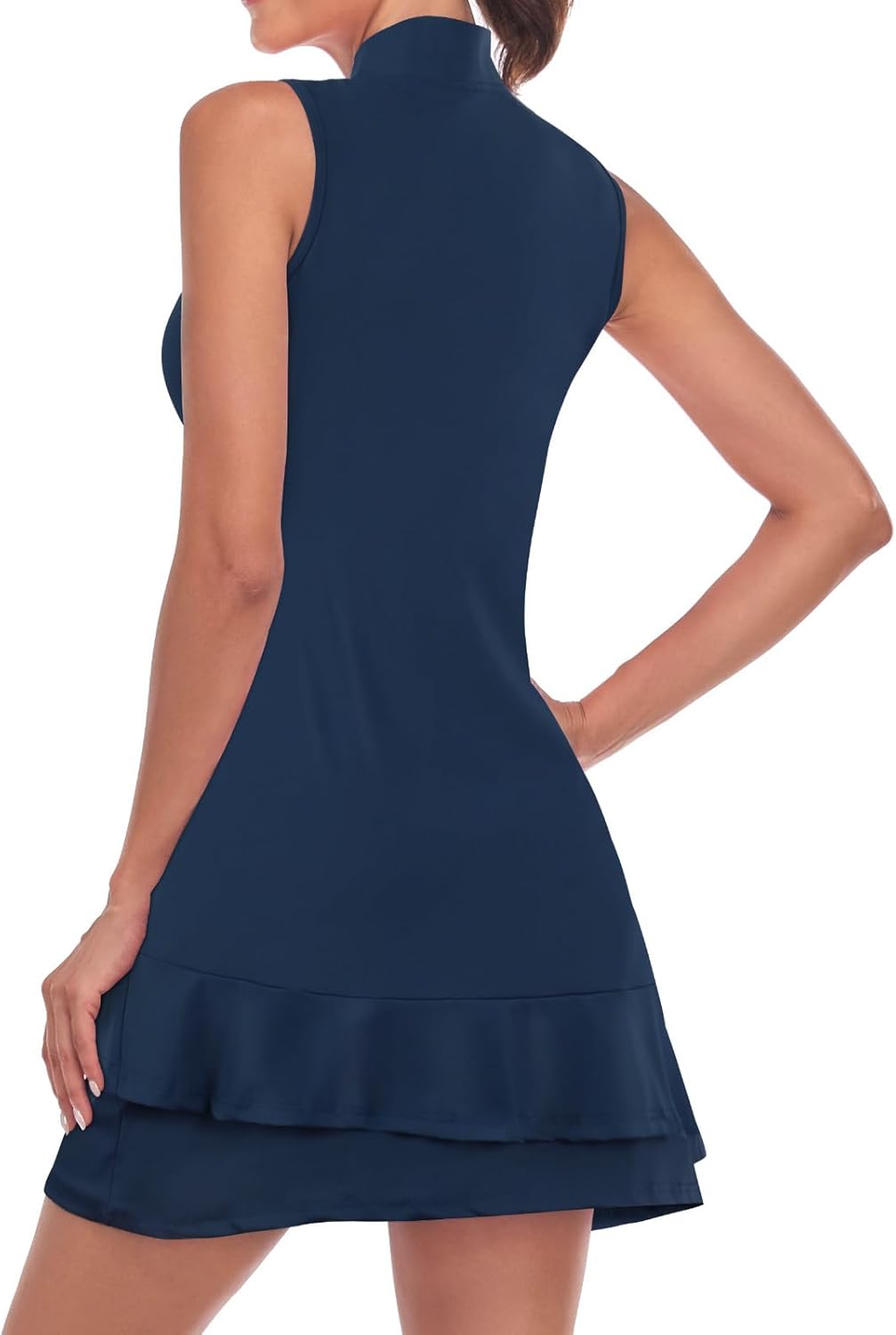 Tennis Dress for Women Sleeveless Golf Dresses with Shorts and Pockets Ruffle Zip Up Stand Collar Golf Outfits