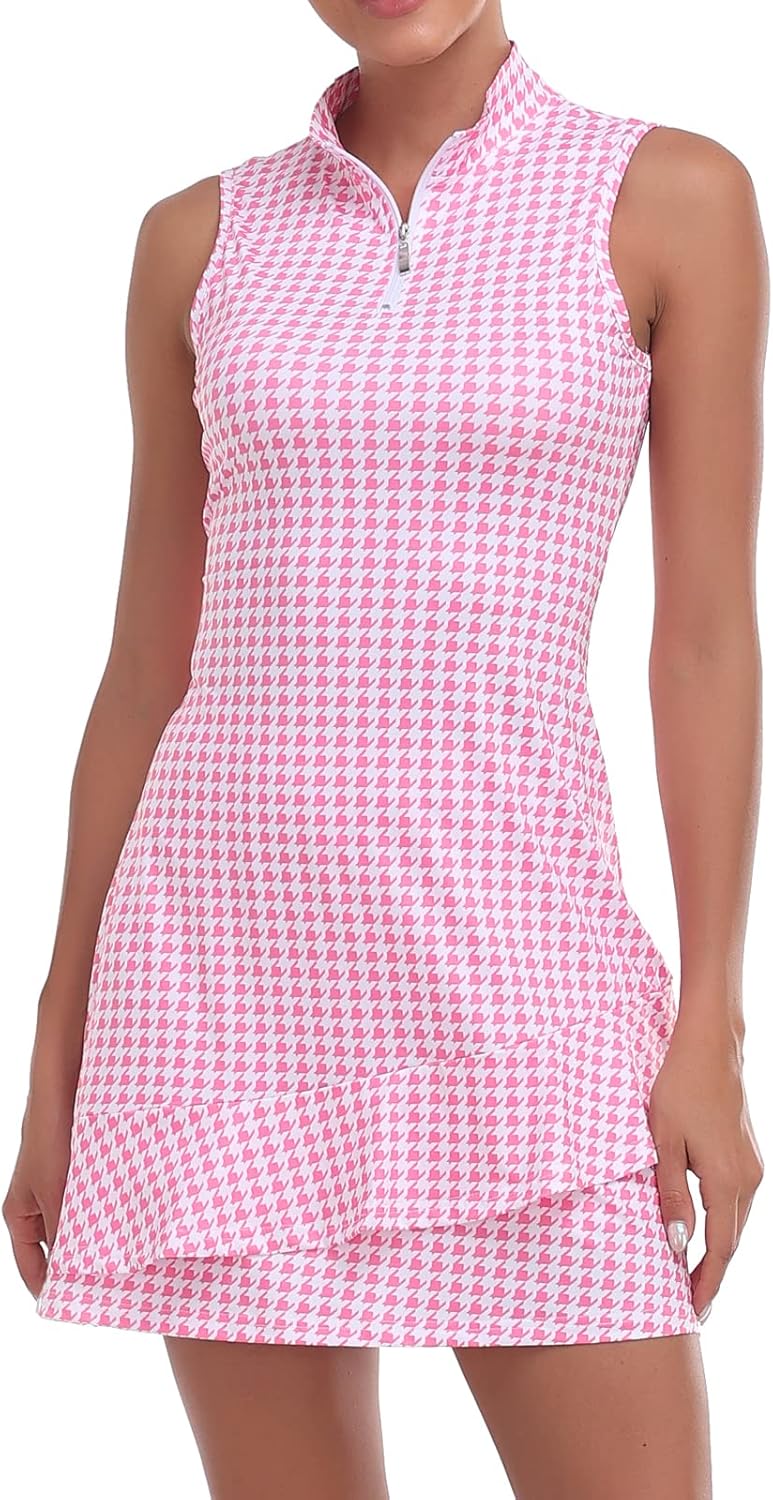 Tennis Dress for Women Sleeveless Golf Dresses with Shorts and Pockets Ruffle Zip Up Stand Collar Golf Outfits