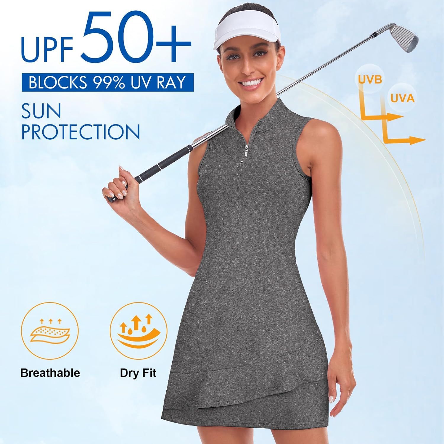Tennis Dress for Women Sleeveless Golf Dresses with Shorts and Pockets Ruffle Zip Up Stand Collar Golf Outfits