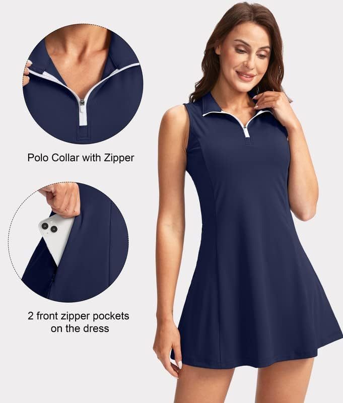 Women's Tennis Golf Dress with Shorts Active Exercise Workout Sports Athletic Dresses for Women with Zipper Pockets