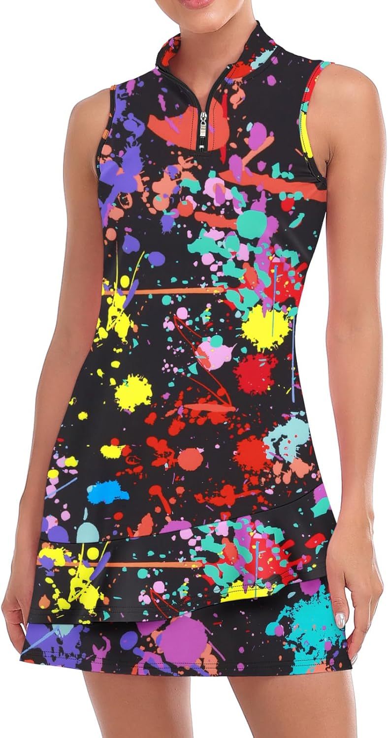 Tennis Dress for Women Sleeveless Golf Dresses with Shorts and Pockets Ruffle Zip Up Stand Collar Golf Outfits