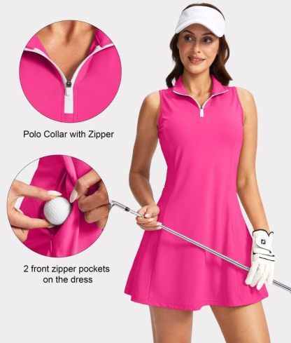 Women's Tennis Golf Dress with Shorts Active Exercise Workout Sports Athletic Dresses for Women with Zipper Pockets