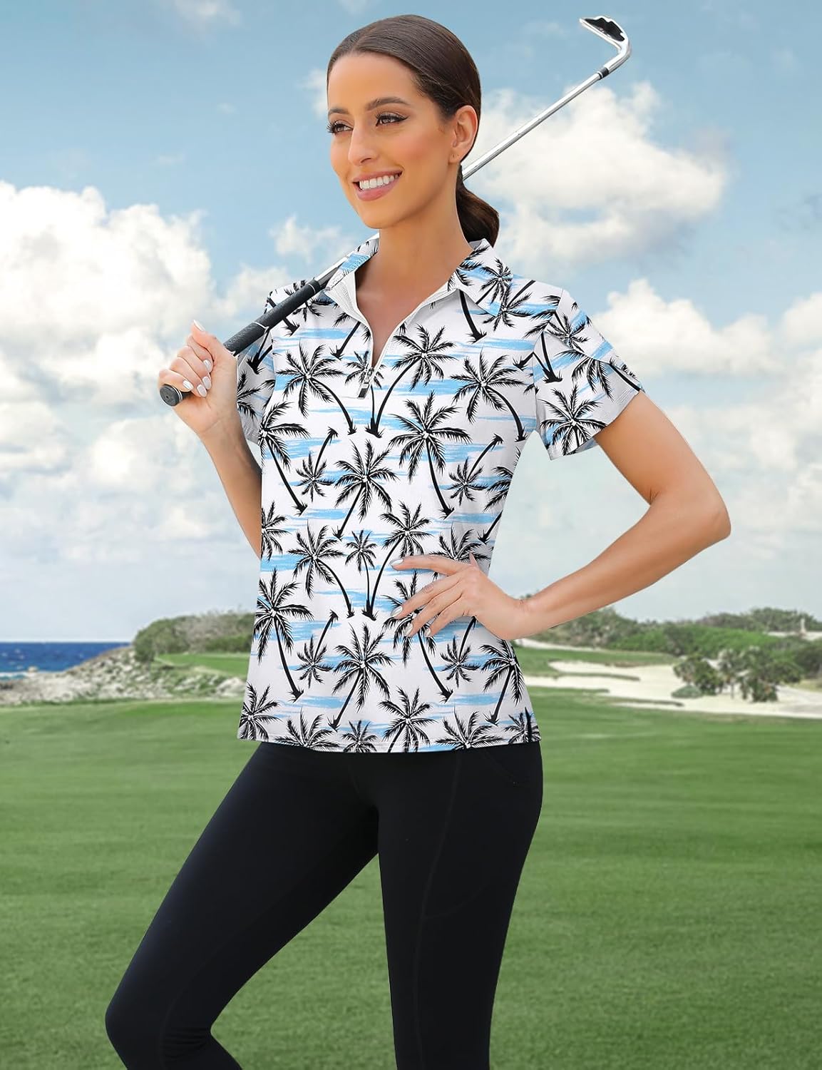 Womens Golf Polo Shirts 1/4 Zip Up Overlap Short Sleeve Quick Dry Workout Tops