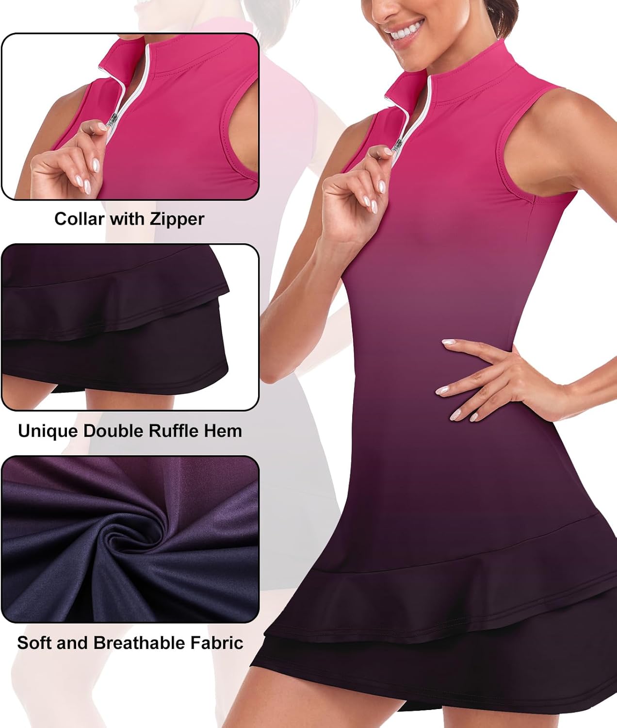 Tennis Dress for Women Sleeveless Golf Dresses with Shorts and Pockets Ruffle Zip Up Stand Collar Golf Outfits