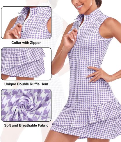 Tennis Dress for Women Sleeveless Golf Dresses with Shorts and Pockets Ruffle Zip Up Stand Collar Golf Outfits
