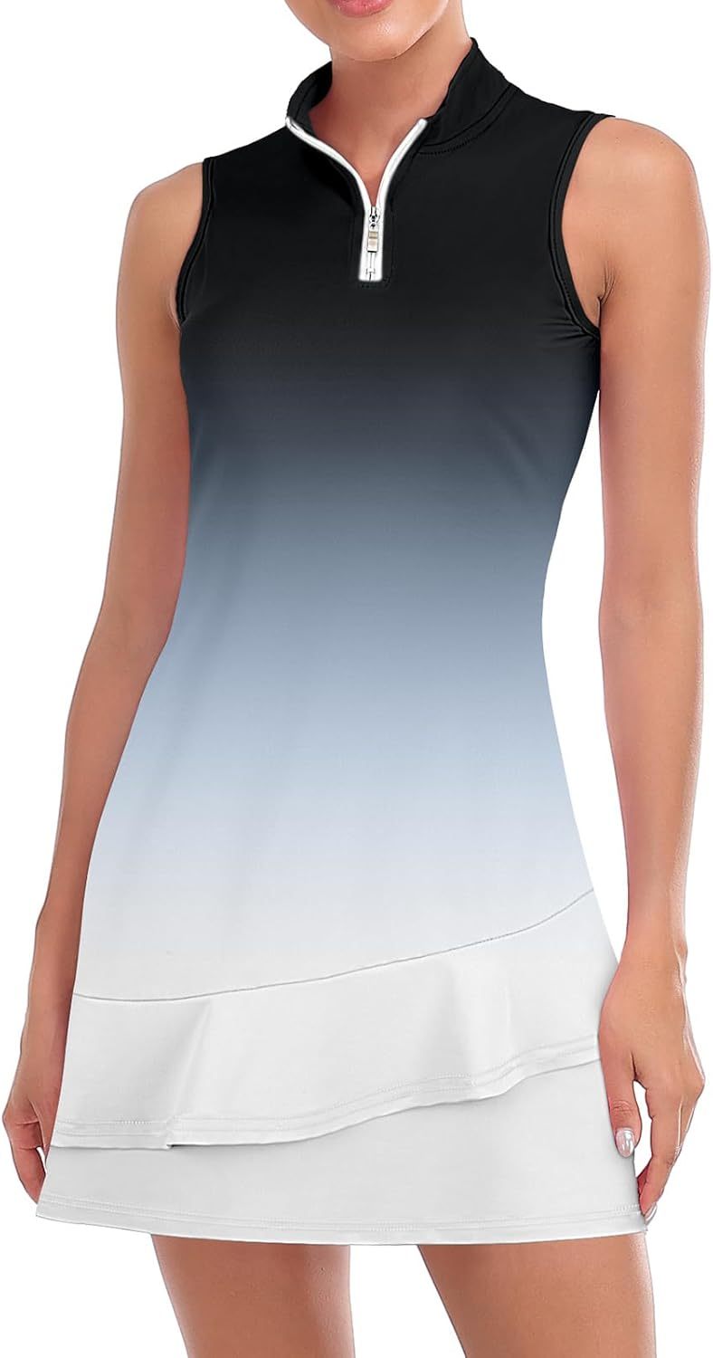 Tennis Dress for Women Sleeveless Golf Dresses with Shorts and Pockets Ruffle Zip Up Stand Collar Golf Outfits