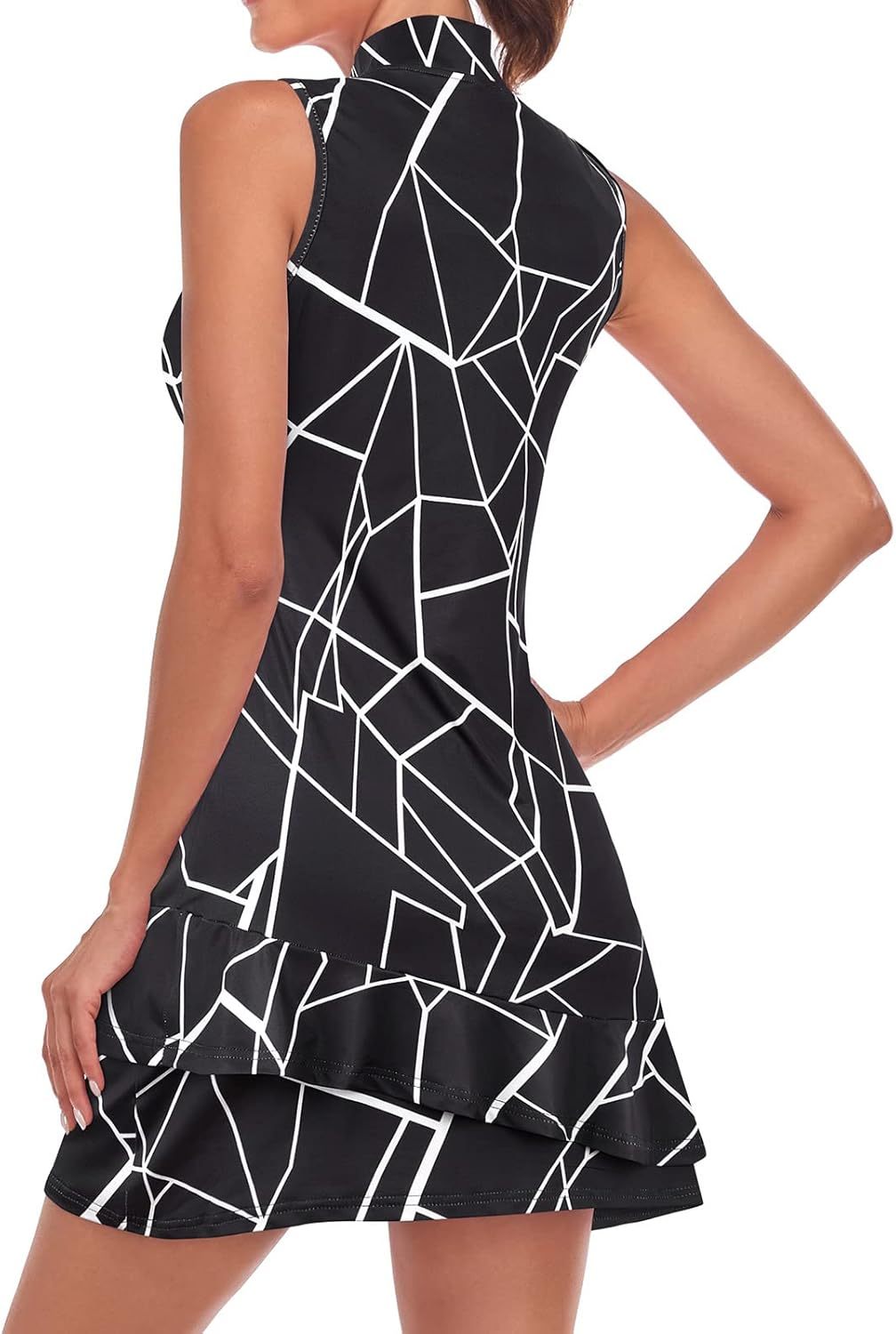 Tennis Dress for Women Sleeveless Golf Dresses with Shorts and Pockets Ruffle Zip Up Stand Collar Golf Outfits