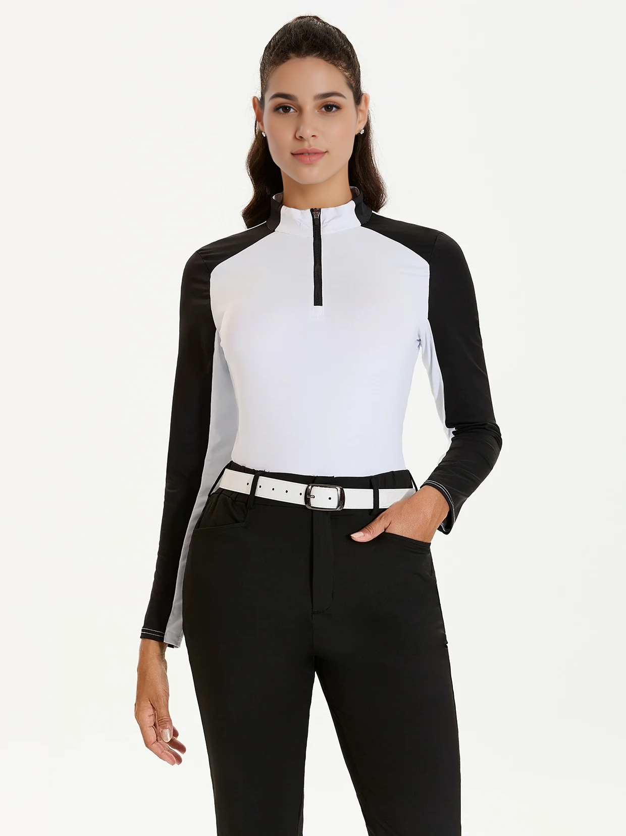 Women's Golf White Stand Collar Long Sleeve Polo Shirt