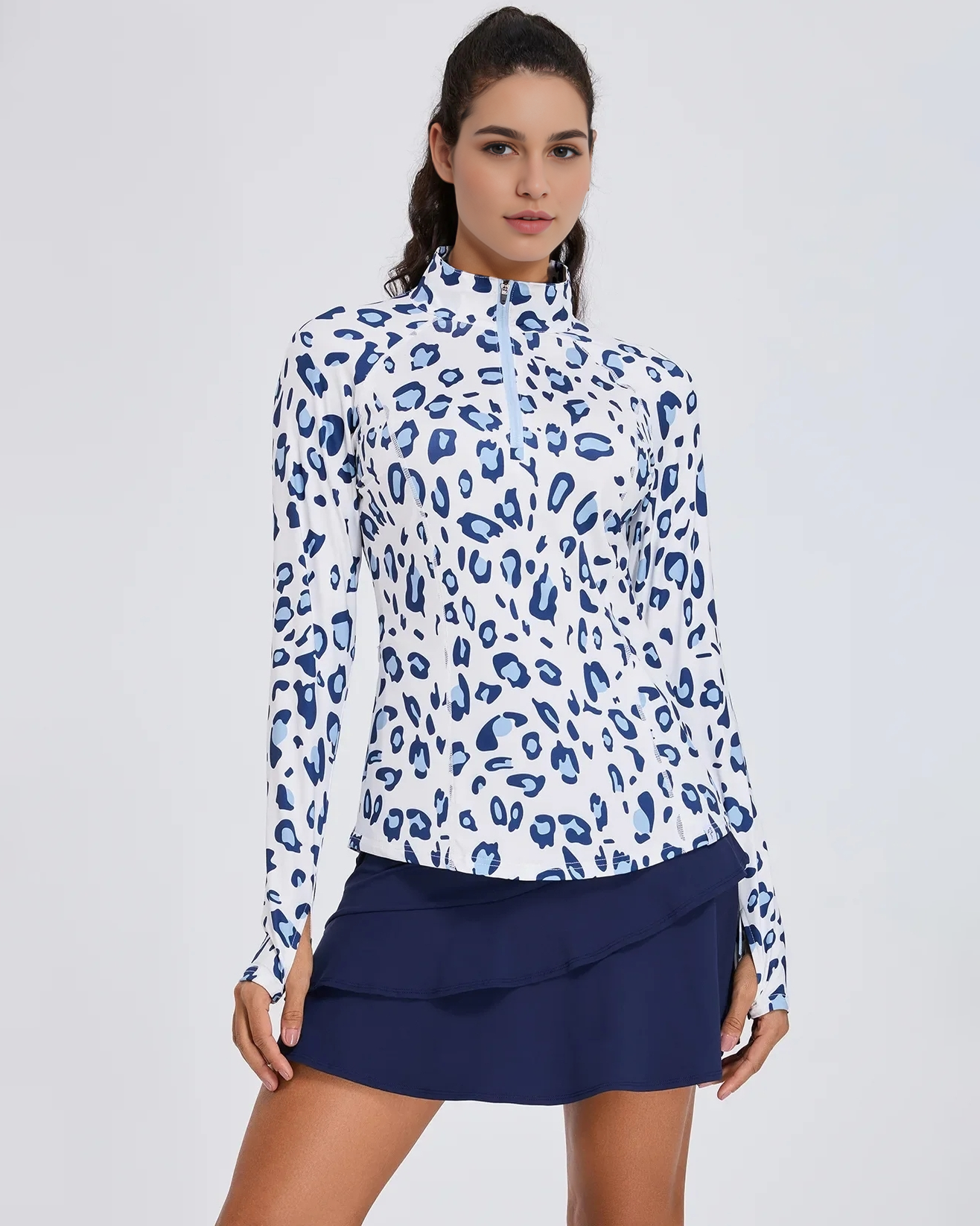 Women's Blue Leopard Quarter Zip Long Sleeve Golf Shirt